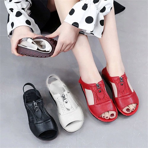 Zipper Flat Soft Leather And Sole Comfort Sandals Traditional Sandal For  Women | eBay