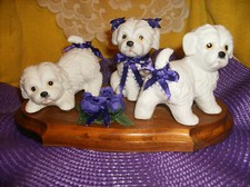 WHITE WESTIE TERRIERS FIGURINE CENTERPIECE ON WOOD BASE WITH PURPLE DECOR NEW