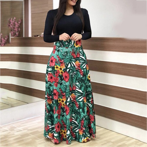 Mujeres Maxi Vestido Floral Manga Larga Damas Cuello Redondo Fiesta Vacaciones Vestidos Largos - Imagen 12 de 32