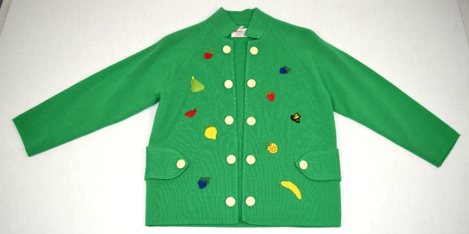 Vintage Cardigan Sweater Size S/M 60s Charles Co Lime Green Colorful Fruit Wool - Image 4 of 4