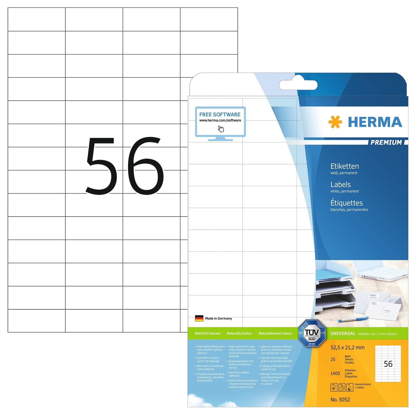 HERMA 5052 Self Adhesive Multipurpose Labels, 56 Labels per A4 Sheet, 25 Sheets,