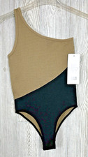 NWT Aura Womens One Shoulder Black Tan Bodysuit Size XXS/XS Stretch Bodycon