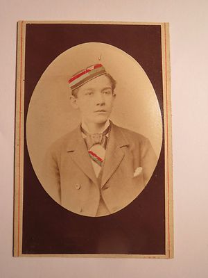 Student or pupil with ribbon & hat - CDV Gera / Studentika - colored