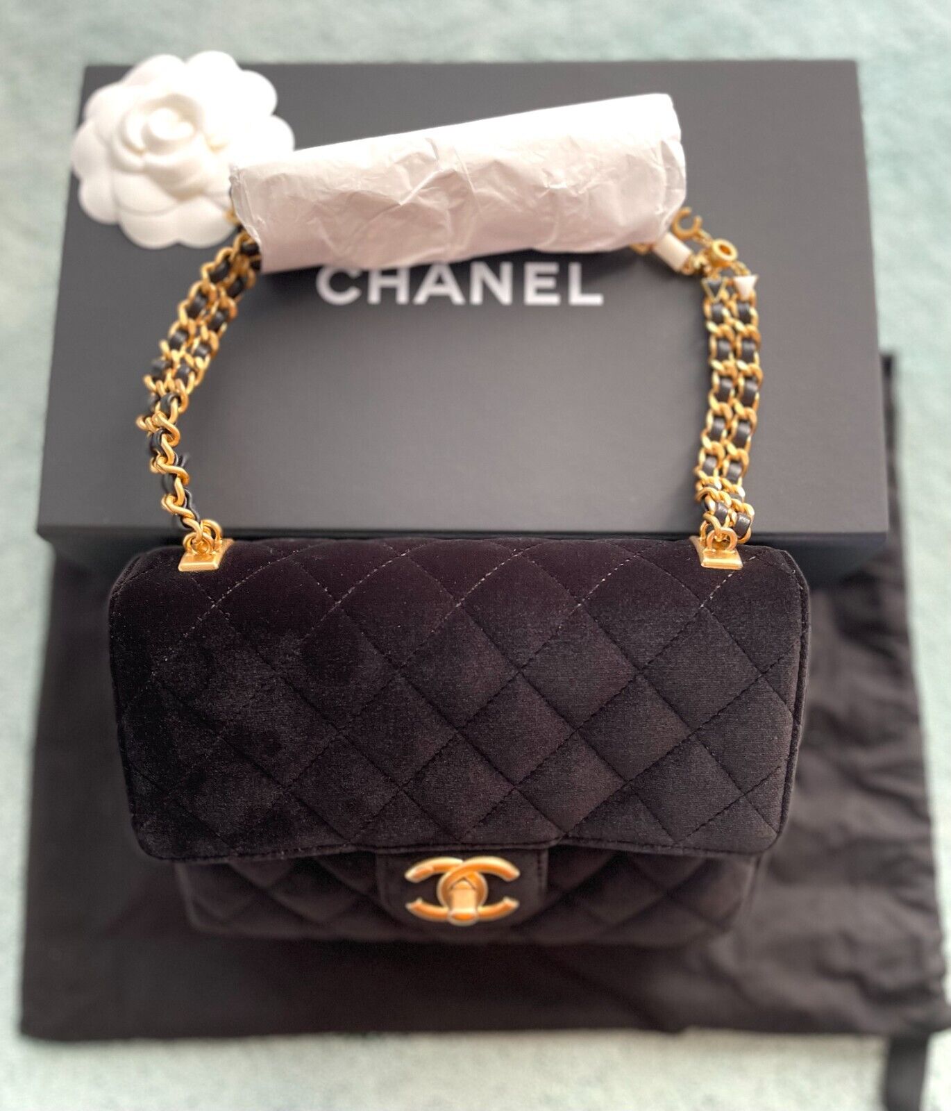 Mini flap bag, Velvet, enamel & gold-tone metal , black — Fashion | CHANEL