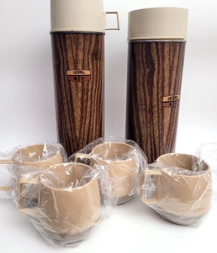 1970's Set of 2 King-Seeley THERMOS Vacuum Bottle and 4 Insulated Cups Camping