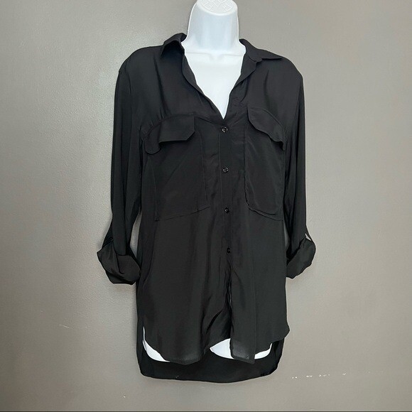Zara Solid Black Button Down Shirt Front Pockets - image 5