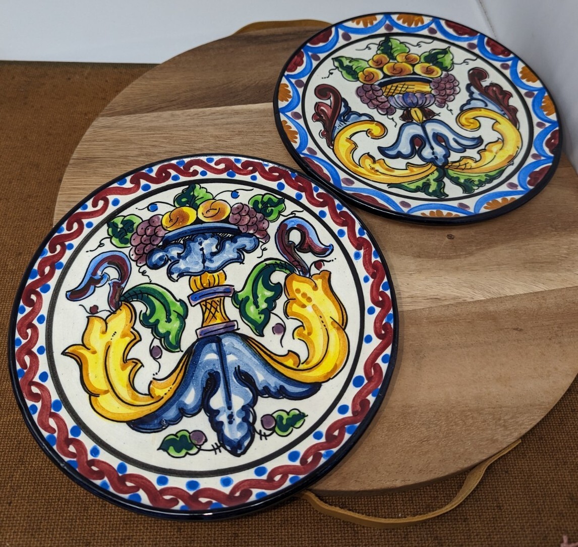 VINTAGE HAND PAINTED SPANISH ART POTTERY MAJOLICA PLATE signed Zouilly  PAIR