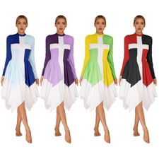 US Women Long Sleeve Liturgical Worship Costume Praise Dance Tunic Modern Dress