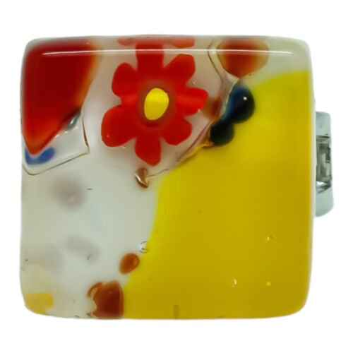 Murano Glas Ring Gelb Weiß Rot Millefiori Quadrat Aus Venice 15mm x 15mm Kunst - Bild 3 von 5