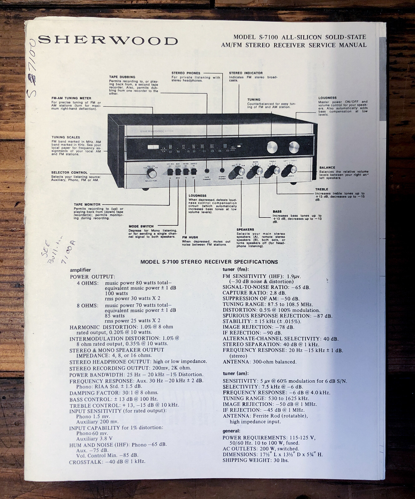 Sherwood S-7100 Receiver  Service Manual *Original*