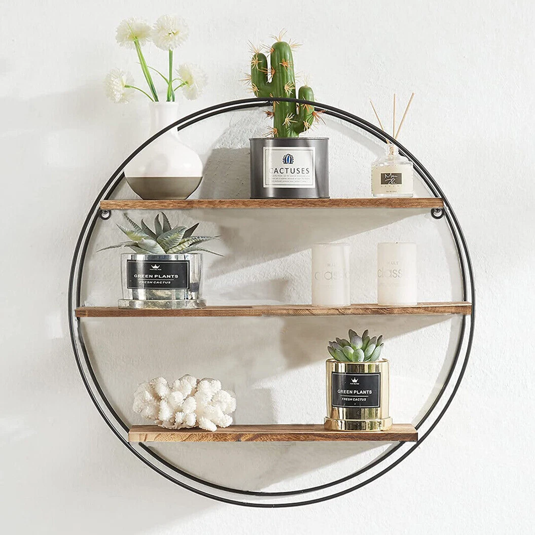3 Tier Round Floating Shelves for Wall Mounted Metal/Wood Unique Book Display