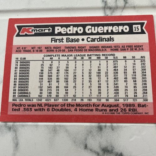 1990 Topps K-Mart Super Stars #15 - Pedro Guerrero - St. Louis Cardinals - Picture 2 of 2