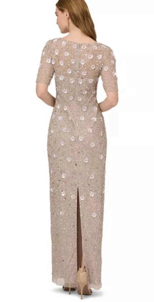 Vestido Largo Adrianna Papell Floral Cuentas Lentejuelas Malla Cuello Barco Talla 6