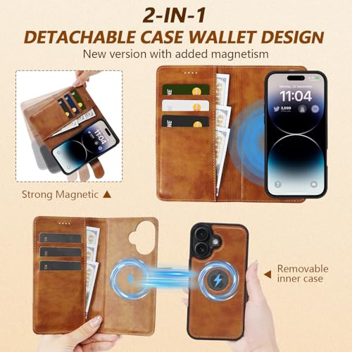 2 in 1 PU Leather for iPhone 16 Leather Case, Detachable Wallet Case with Card - Picture 7 of 7
