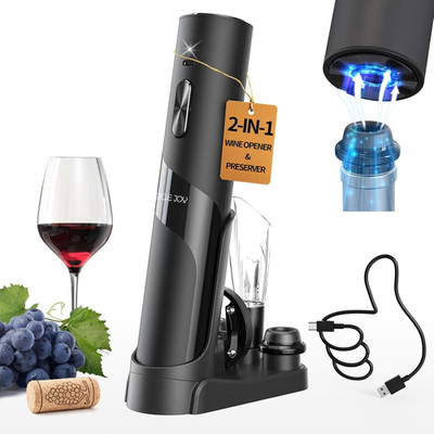 Electric Wine Bottle Opener 7-in-1 Set Aerator Stoppers & Charging Base USB-C