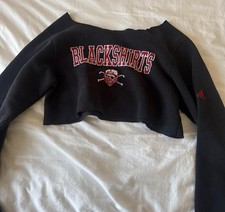 Cropped Off Shoulder Sweatshirt - Black  Navy Long Sleeve Graphic Jumper XS