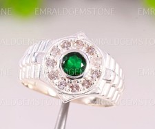 Green Emerald Halo Ring 925 Sterling Silver with CZ Accents Men Unisex Jewelry