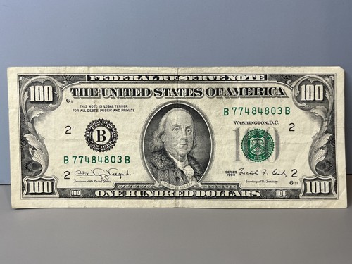 1990 US Currency One Hundred Dollar Franklin Bill $100 Note New York B77484803B - Picture 1 of 6