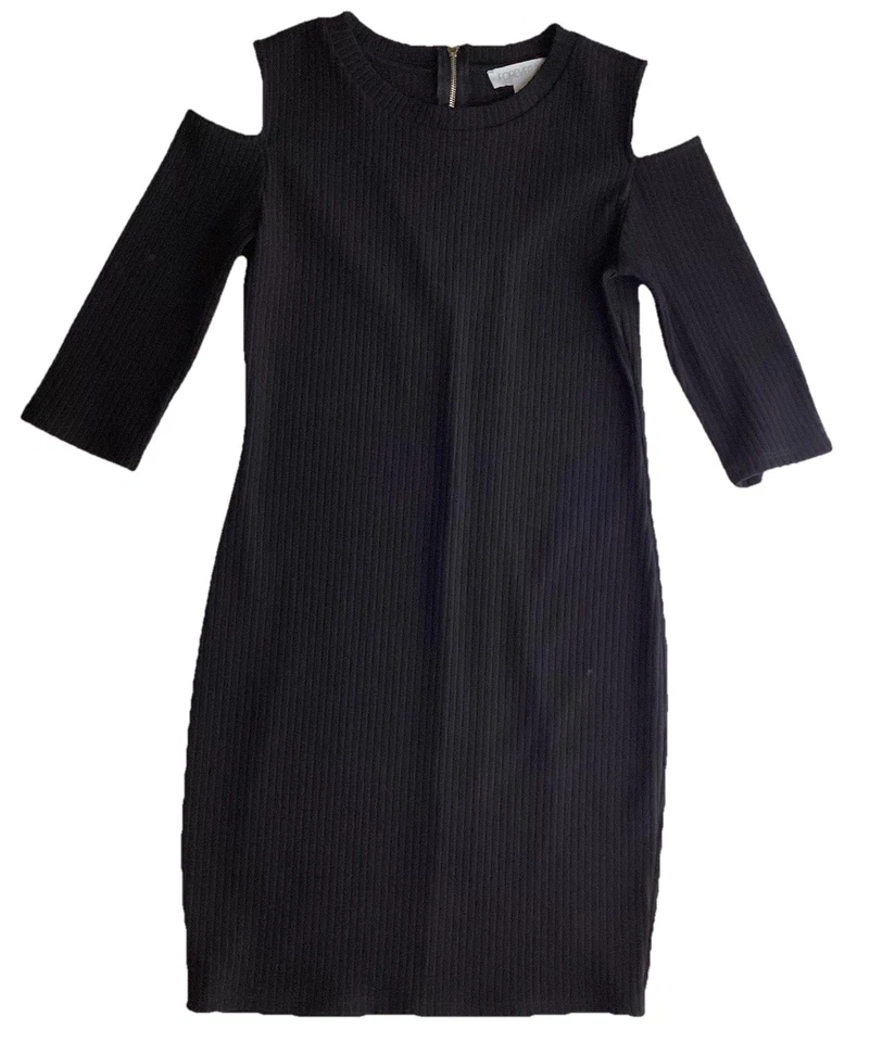 Forever 21 Black Bodycon Stretch Ribbed Crew Neck 3 Qtr Sleeve Med  Short Dress - Image 2 of 4