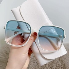 Chic Womens Oversized Square Sunglasses White Blue Pink Gradient Lens NEW