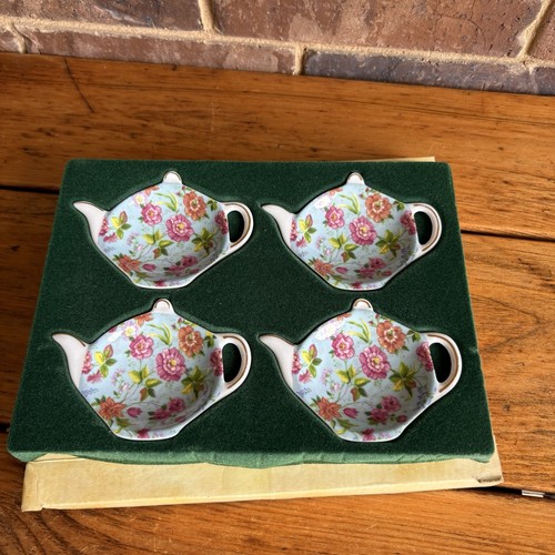 Blue Chintz Floral Formalities Teapot Shaped Tea Bag Caddies Set Of 4