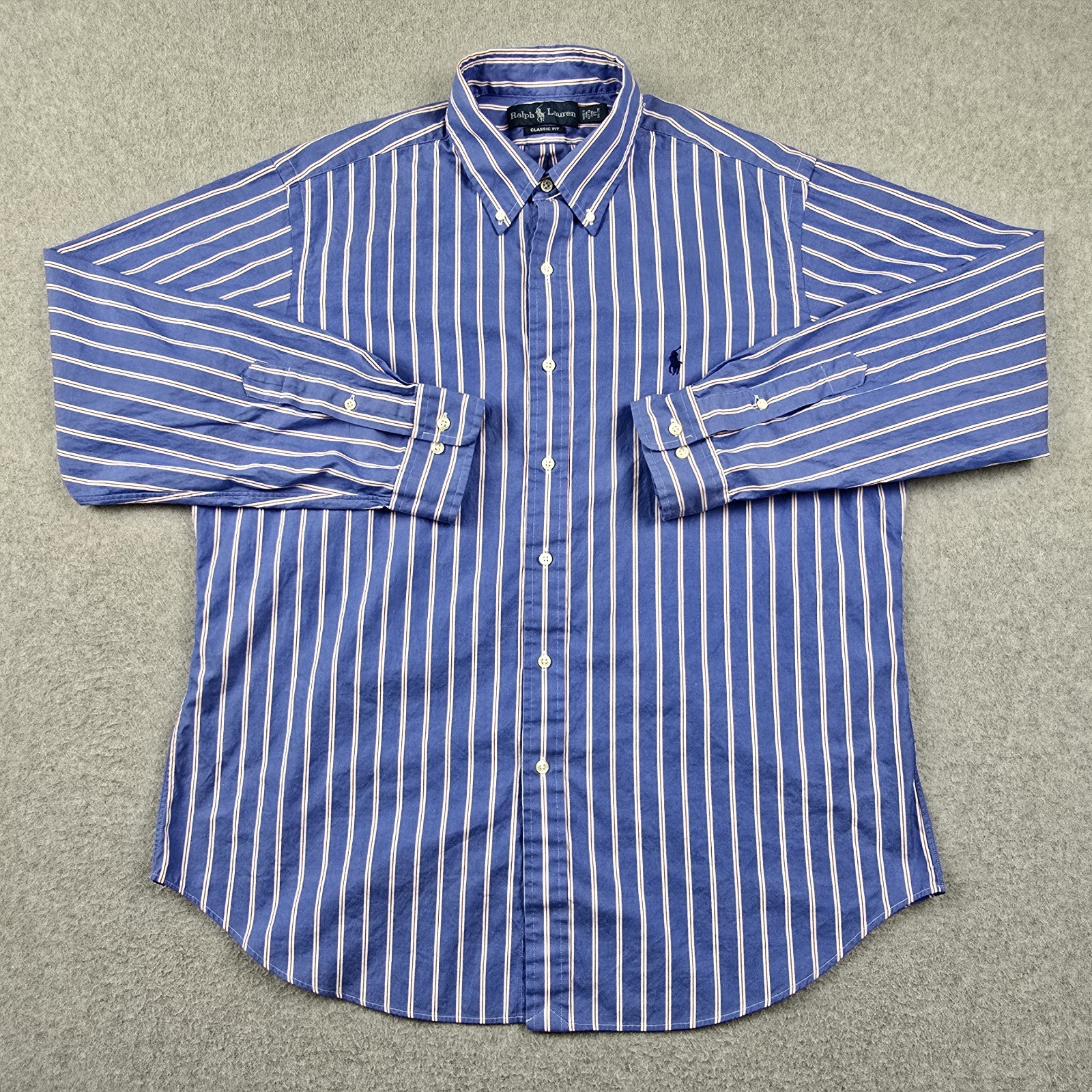Ralph Lauren camicia uomo 17 blu a righe con bottoni manica lunga pony vestibilità classica