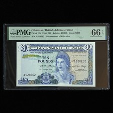 1986 Gibraltar / British Administration 10 Pounds Pick#22b PMG 66 EPQ Gem UNC 02