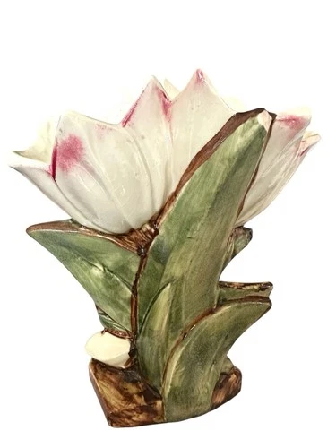 Vintage 1940's Nelson McCoy Double Pink Tipped Tulip Vase Planter 8” Tall