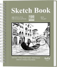 Sketch Book 8.5 x 11, Sketch Pad, Pack of 1 (68lb/100gsm), 100 Sheets Spiral Ske