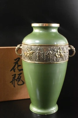 T4410: Japanese Copper Cattle Person sculpture FLOWER VASE , auto w/signed box - Image 1 of 4