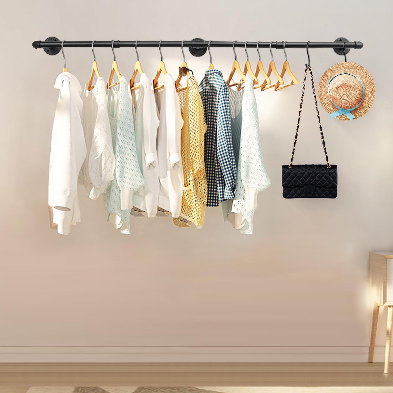 Industrial Pipe Clothes Rack, Heavy Duty Detachable Iron Garment Rack Wall Mo...