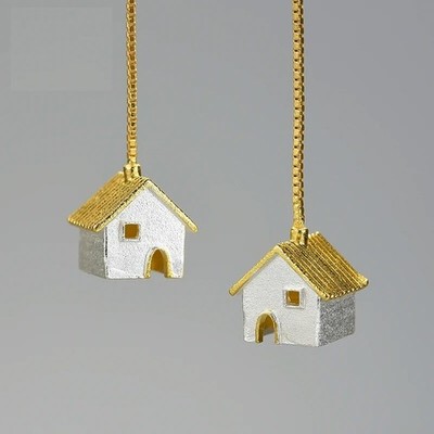 House Tassle Drop Dangle Earrings 925 Sterling Silver Two Tone Handmade