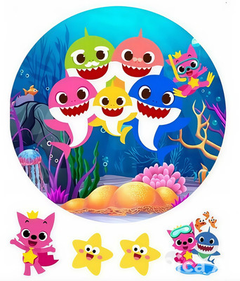 Baby Shark Haifisch Essbar Zuckermasse Tortenbild Tortenaufleger + 4 Muffin