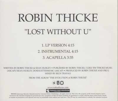 Robin Thicke: Lost Without U 3-Track PROMO MUSIC AUDIO CD instrumental acappella