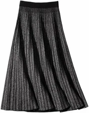 Women's Winter Reversible Stretchy Waist Knitted A Line Pleated Midi Skirt Bk Cr