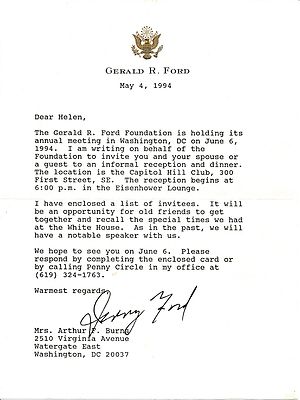 Former President Gerald Ford invites his Fed Chairmans' widow to a dinner 1994