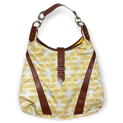 LeSportsac Yellow, White & Brown Nylon Hobo Bag With Faux Leather Trim, Rare