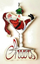 SANTA CLAUS in MARTINI GLASS, CHEERS Glitter CHRISTMAS ORNAMENT * Vtg Img