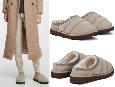 BRUNELLO CUCINELLI Quilted Suede Shearling Slippers Zierperlen Schuhe Mules 38