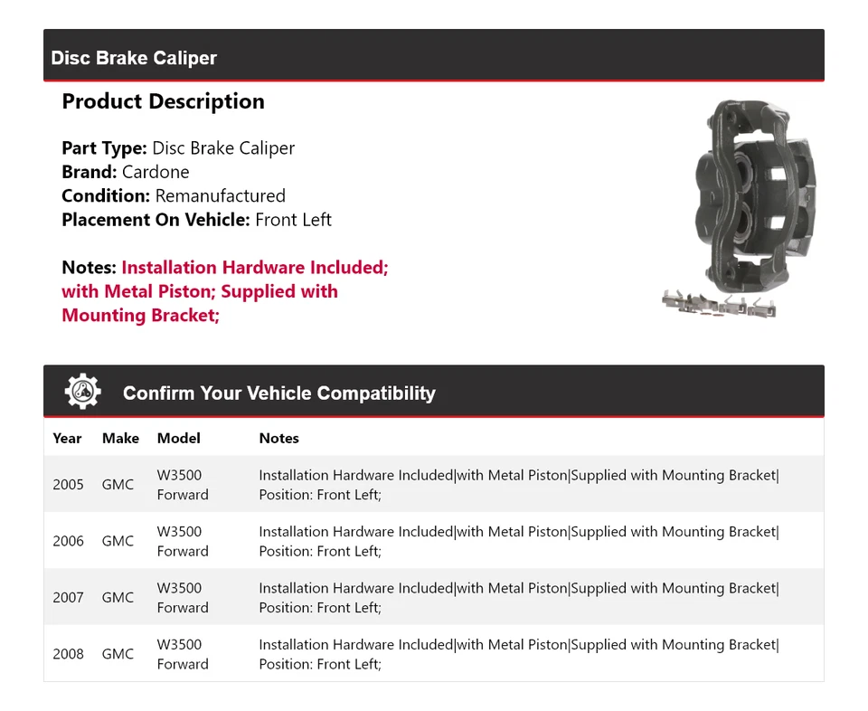 Pinza de freno de disco delantera izquierda Cardone 2006 2007 GMC W3500 2005-2008 Foto 2 de 4