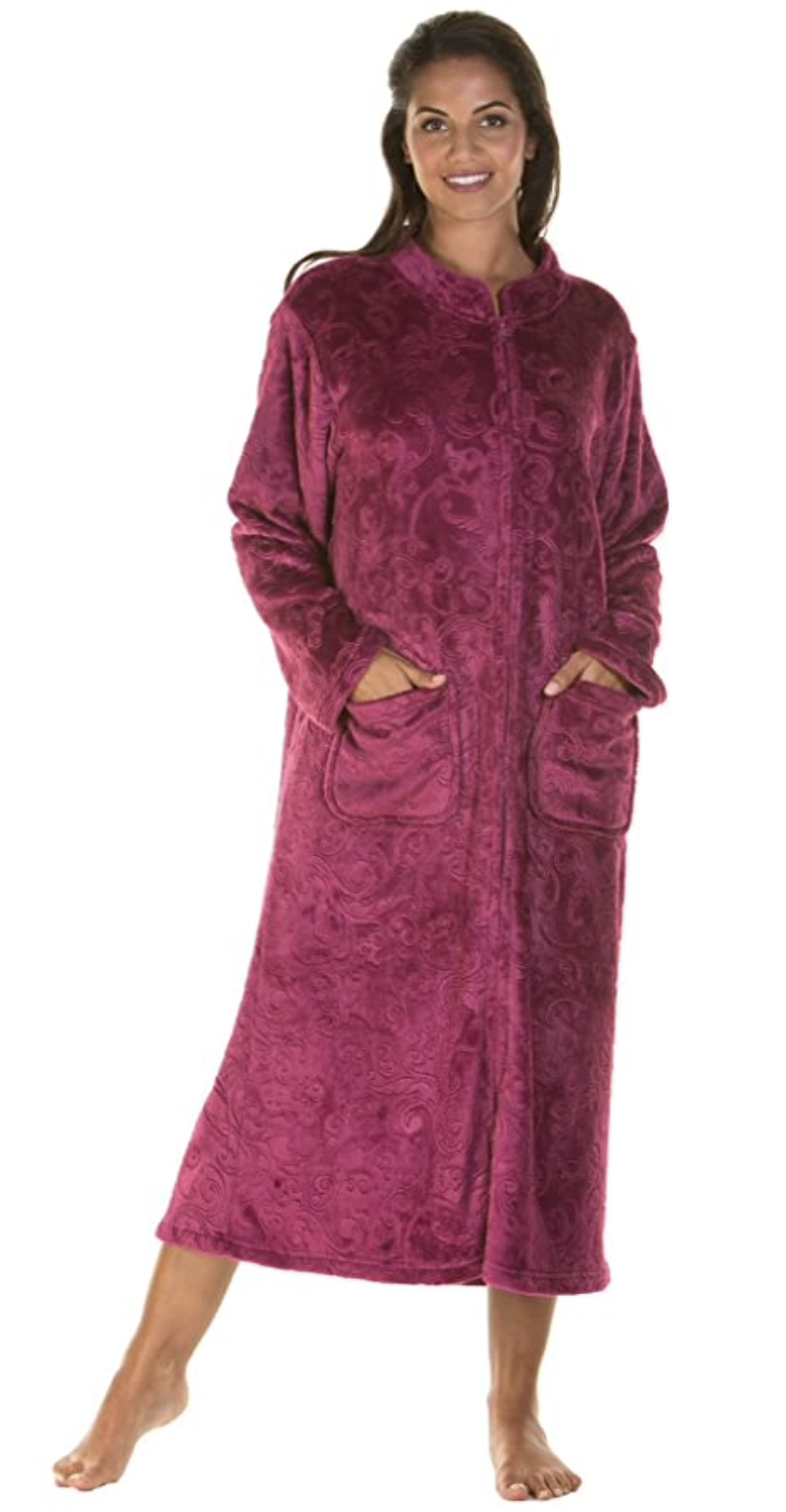Ladies Soft Fleece Embossed Zip Front Dressing Gown Housecoat Robe Sizes  10-24 | eBay