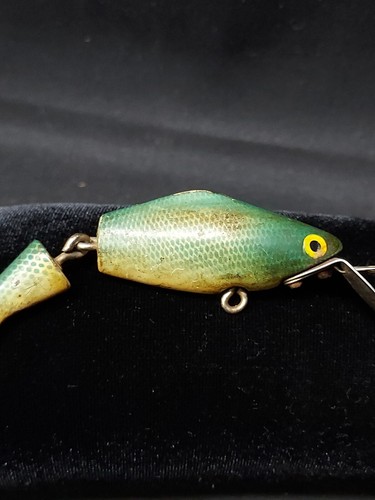 Vintage Woods Mfg Jointed Tail Green Minnow Crankbait Fishing Lure Old - Picture 3 of 9