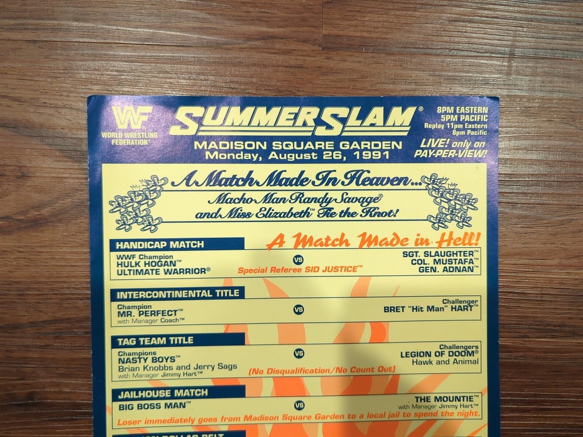 RARE WWF Summerslam 1991 Match Made in Heaven Lineup Match Card