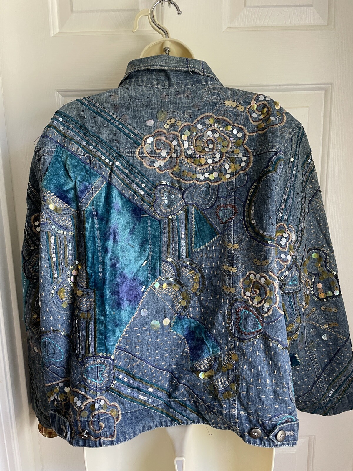 Chico's 2 Denim Jacket Cotton Blue Patchwork Embr… - image 9