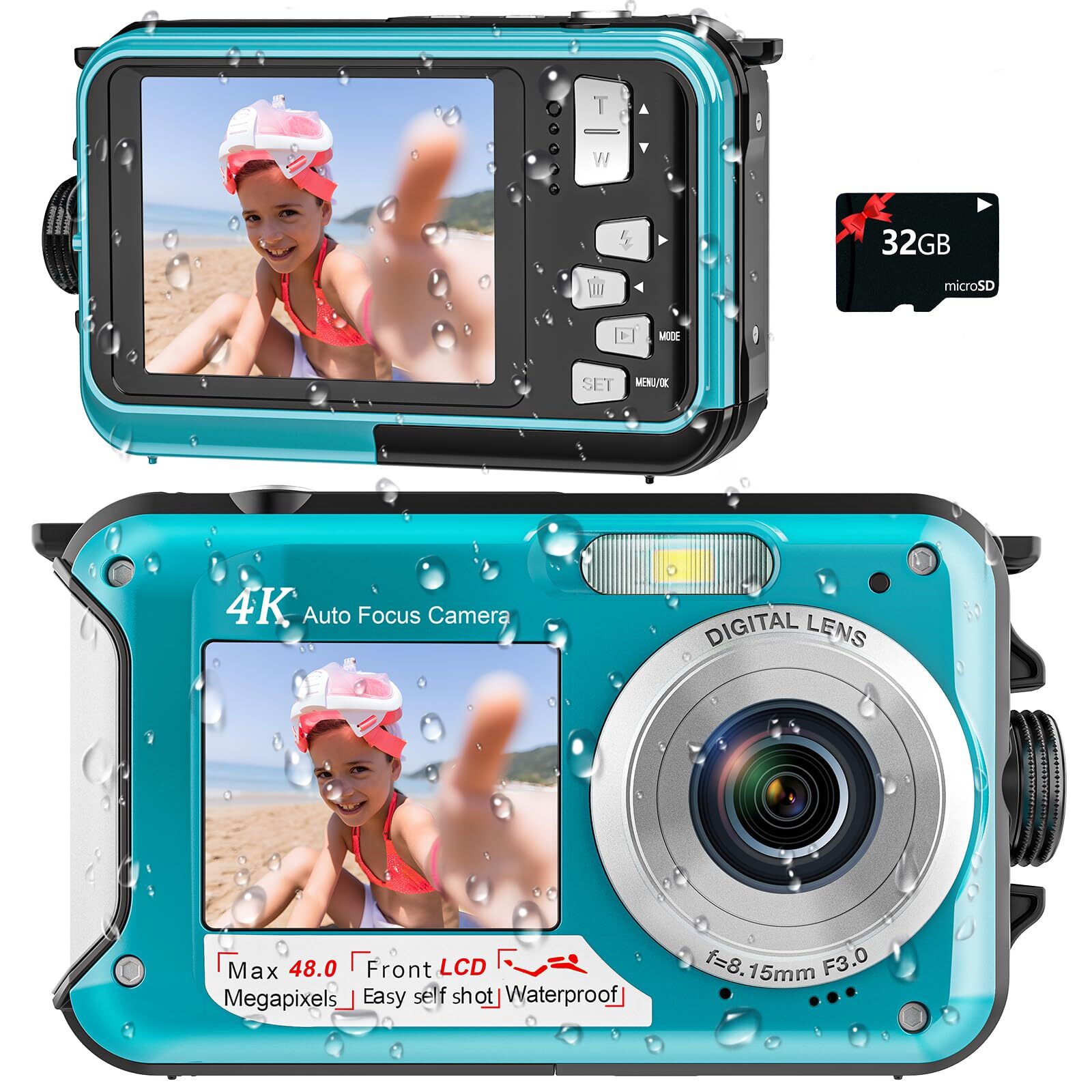 4K Digital Camera 11FT Waterproof Camera with 32GB Card 48MP Autofocus Dual-S...