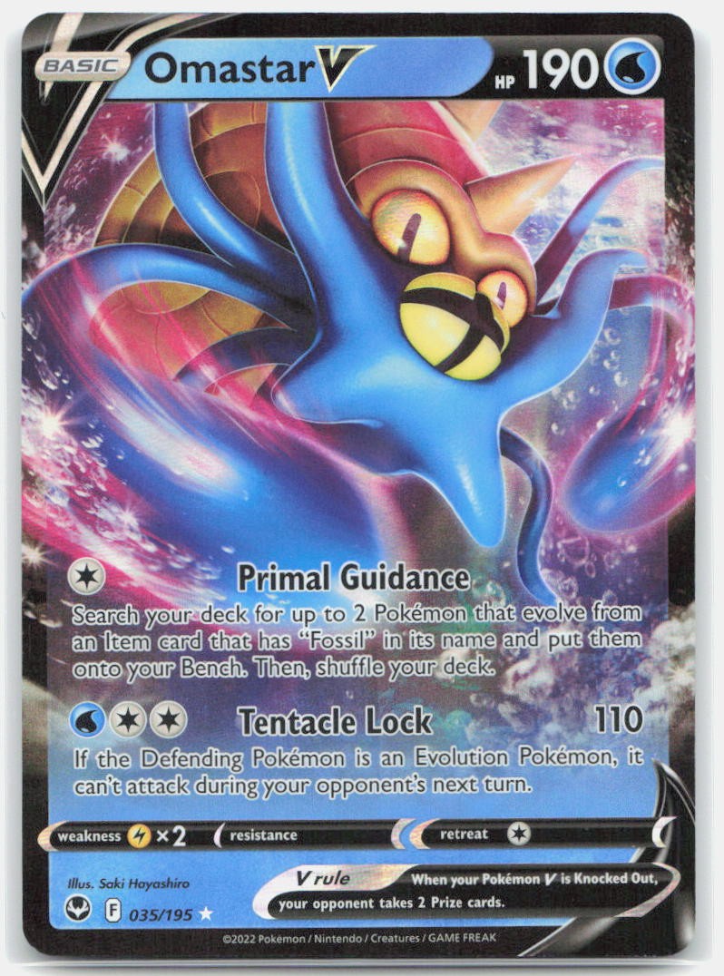 OMASTAR V 035/195 Holo V RARE Silver Tempest Pokemon NM