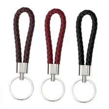 Braided Leather Key Fob Car Keychain Ring Woven Strap 3 Black, Brown, Red