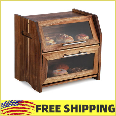 Acacia Wood Bread Box for Kitchen Countertop,Large 2-Tier Bread Storage Contain