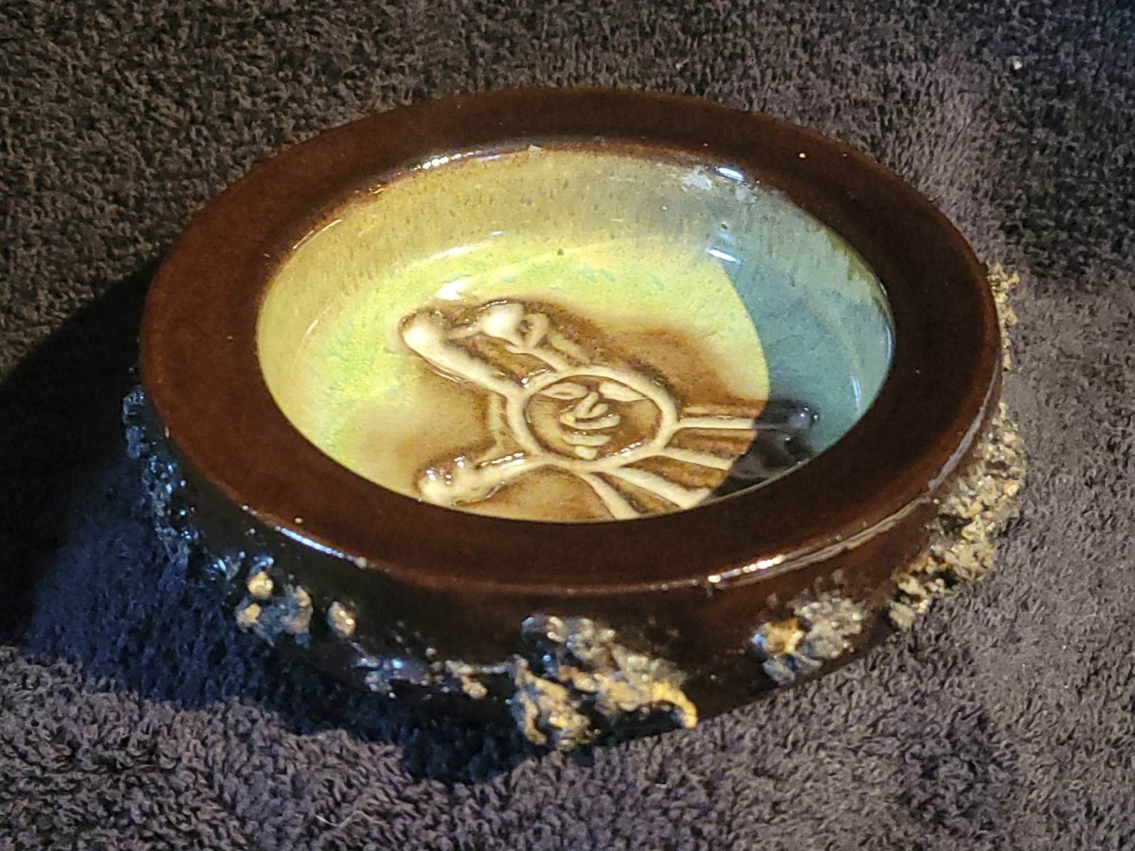 Stoneware Art Pottery Trinket Dish Glit Iceland With Sun Design Made With...