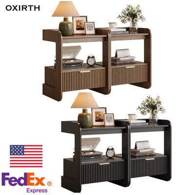 Fluted Night Stand Set of 2, Bed Side Table with Drawer, Glass Top, Open Storage